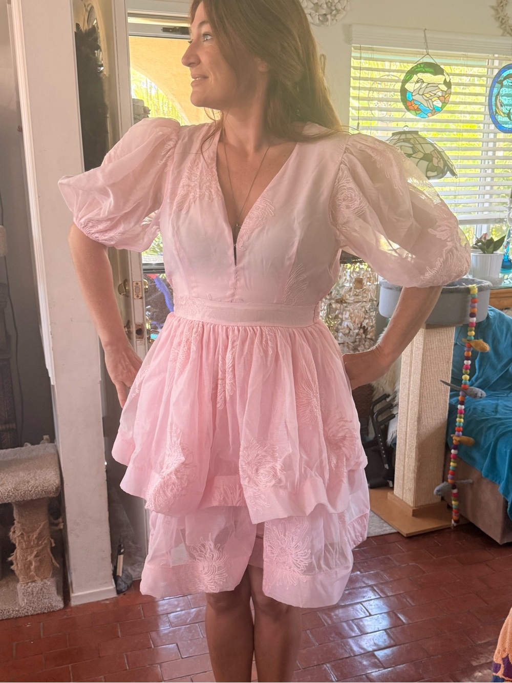 Light Pink Embroidered Puff-Sleeve Tiered Dress, M